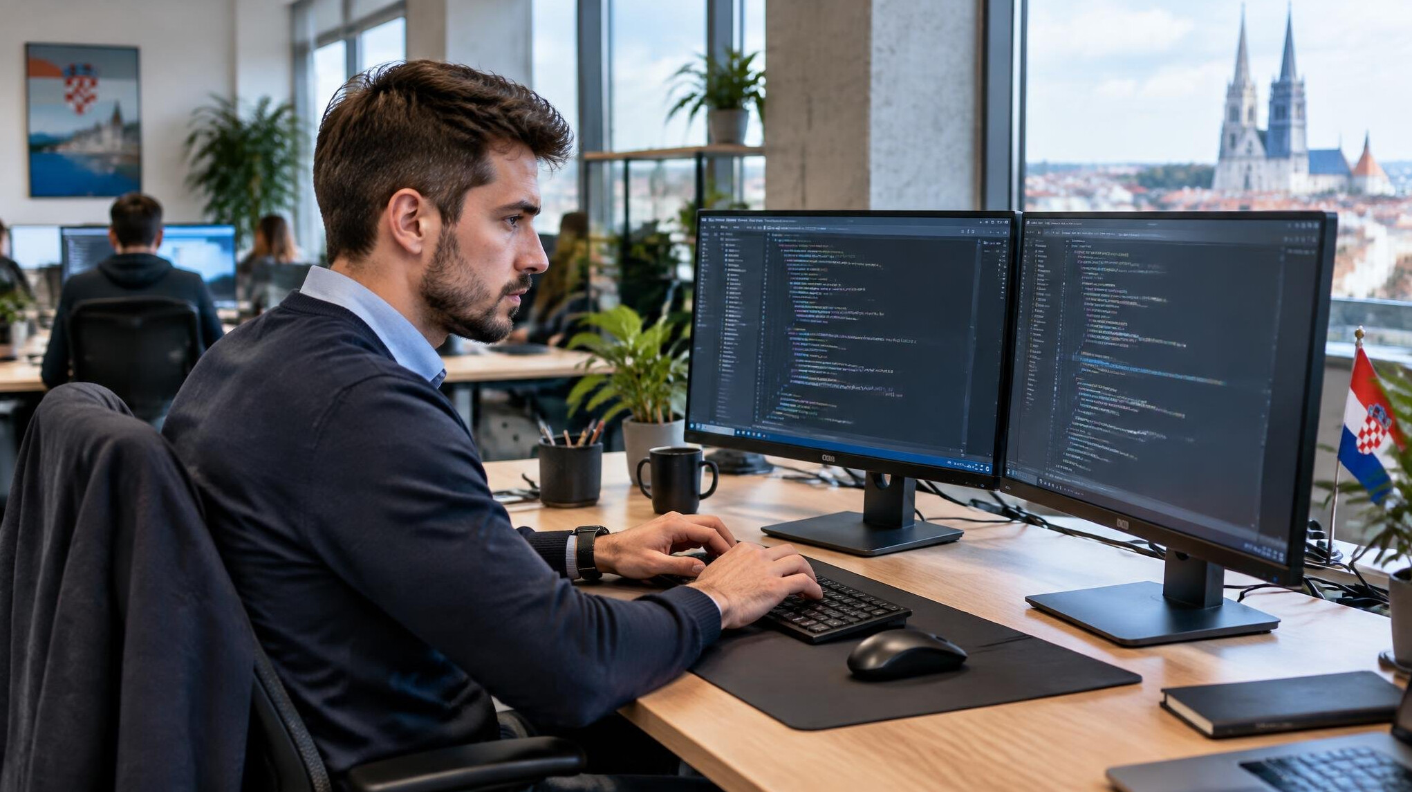 Software developer working at a desk with two monitors showing code