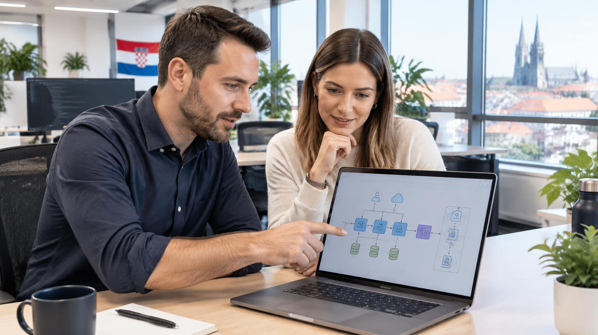 Business team reviewing software project on a laptop in a modern office