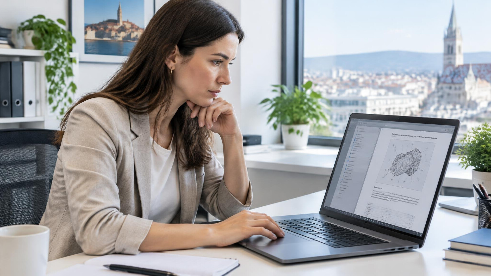 Person reading technical documentation on a laptop at a desk